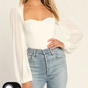 Sensational Sweetheart White Ribbed Balloon Sleeve Bodysuit